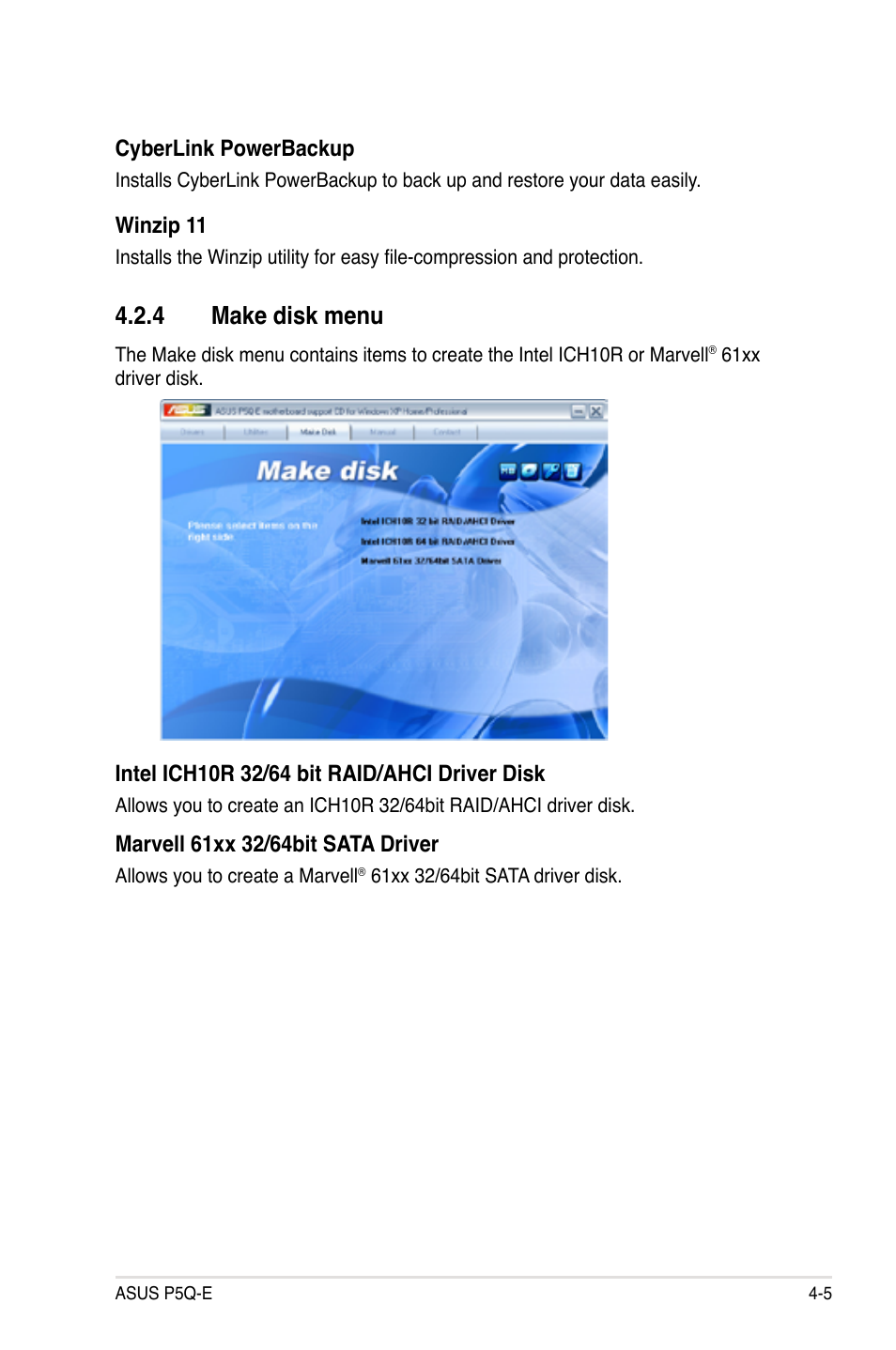 4 make disk menu, Make disk menu -5 | Asus P5Q-E/WiFi-AP User Manual | Page 115 / 186