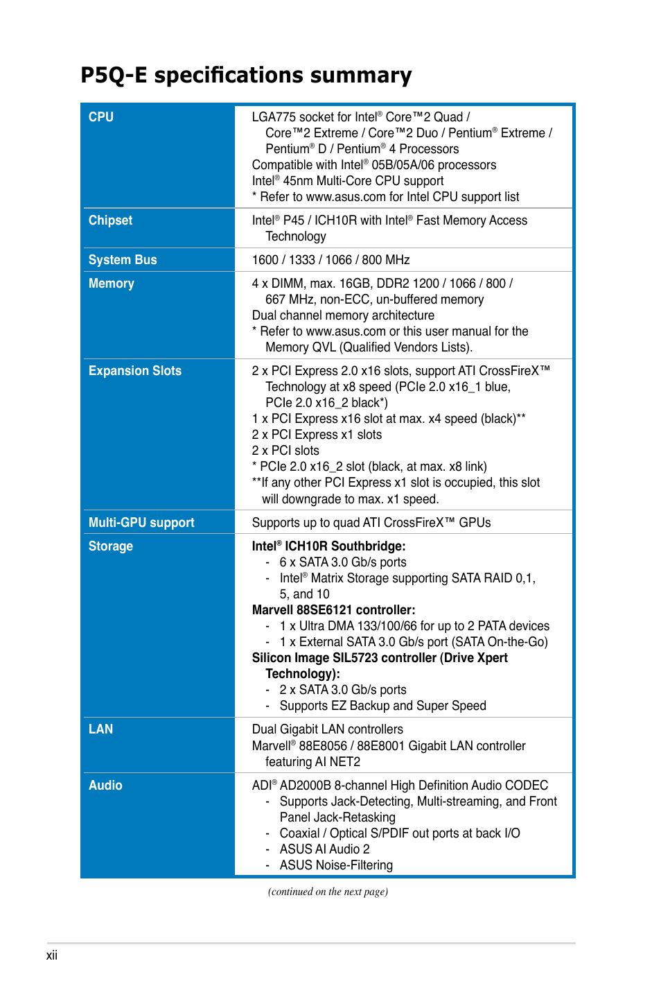 P5q-e specifications summary | Asus P5Q-E/WiFi-AP User Manual | Page 12 / 186