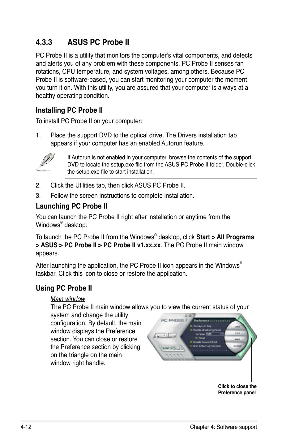 3 asus pc probe ii, Asus pc probe ii -12, Installing pc probe ii | Launching pc probe ii, Using pc probe ii | Asus P5Q-E/WiFi-AP User Manual | Page 122 / 186