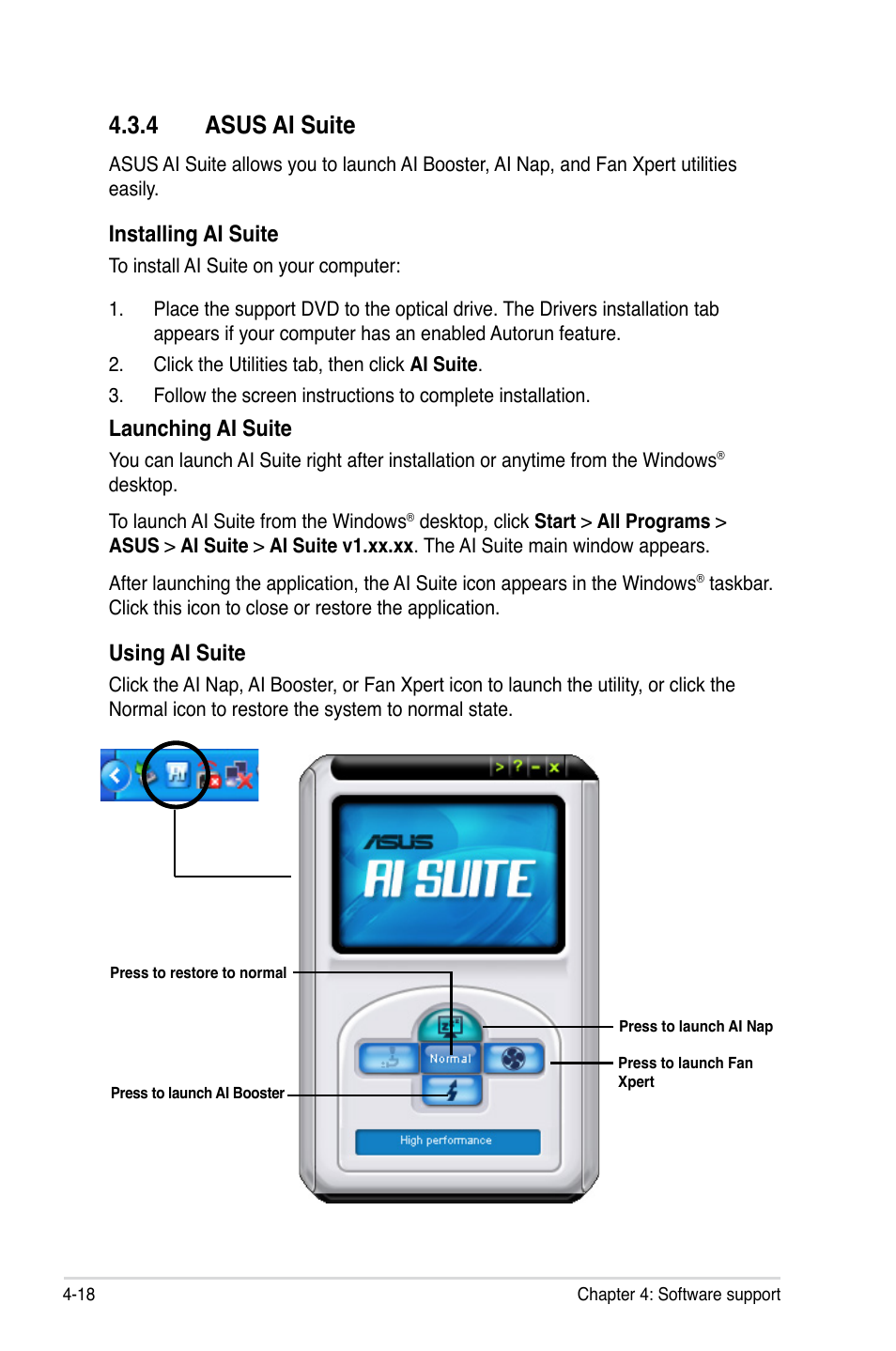 4 asus ai suite, 4 asus ai suite -18, Installing ai suite | Launching ai suite, Using ai suite | Asus P5Q-E/WiFi-AP User Manual | Page 128 / 186