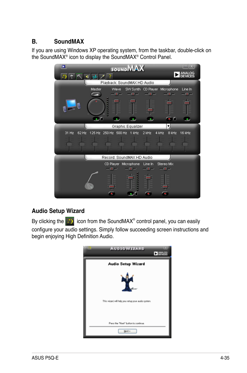 Audio setup wizard, B. soundmax | Asus P5Q-E/WiFi-AP User Manual | Page 145 / 186