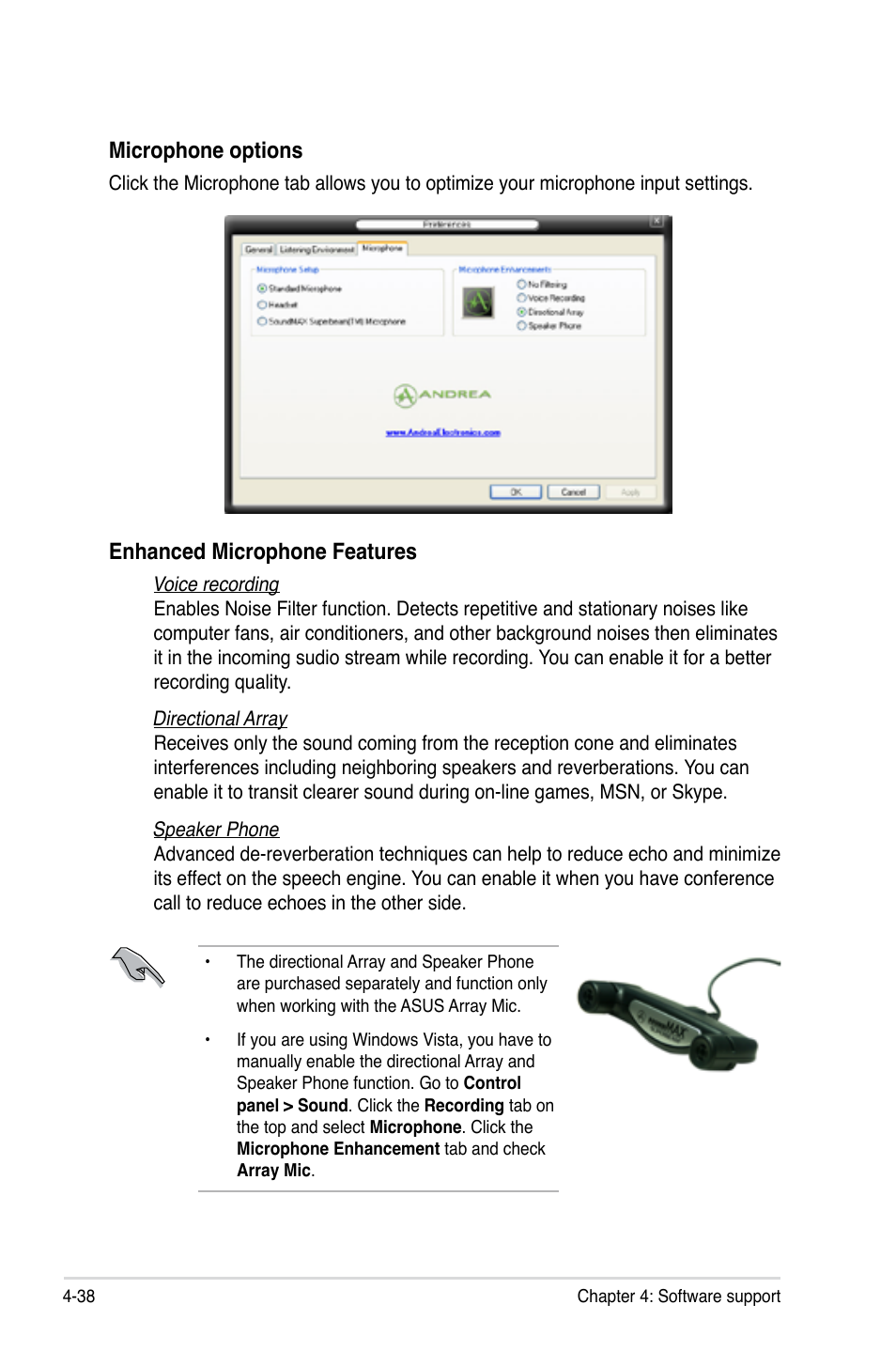 Microphone options, Enhanced microphone features | Asus P5Q-E/WiFi-AP User Manual | Page 148 / 186