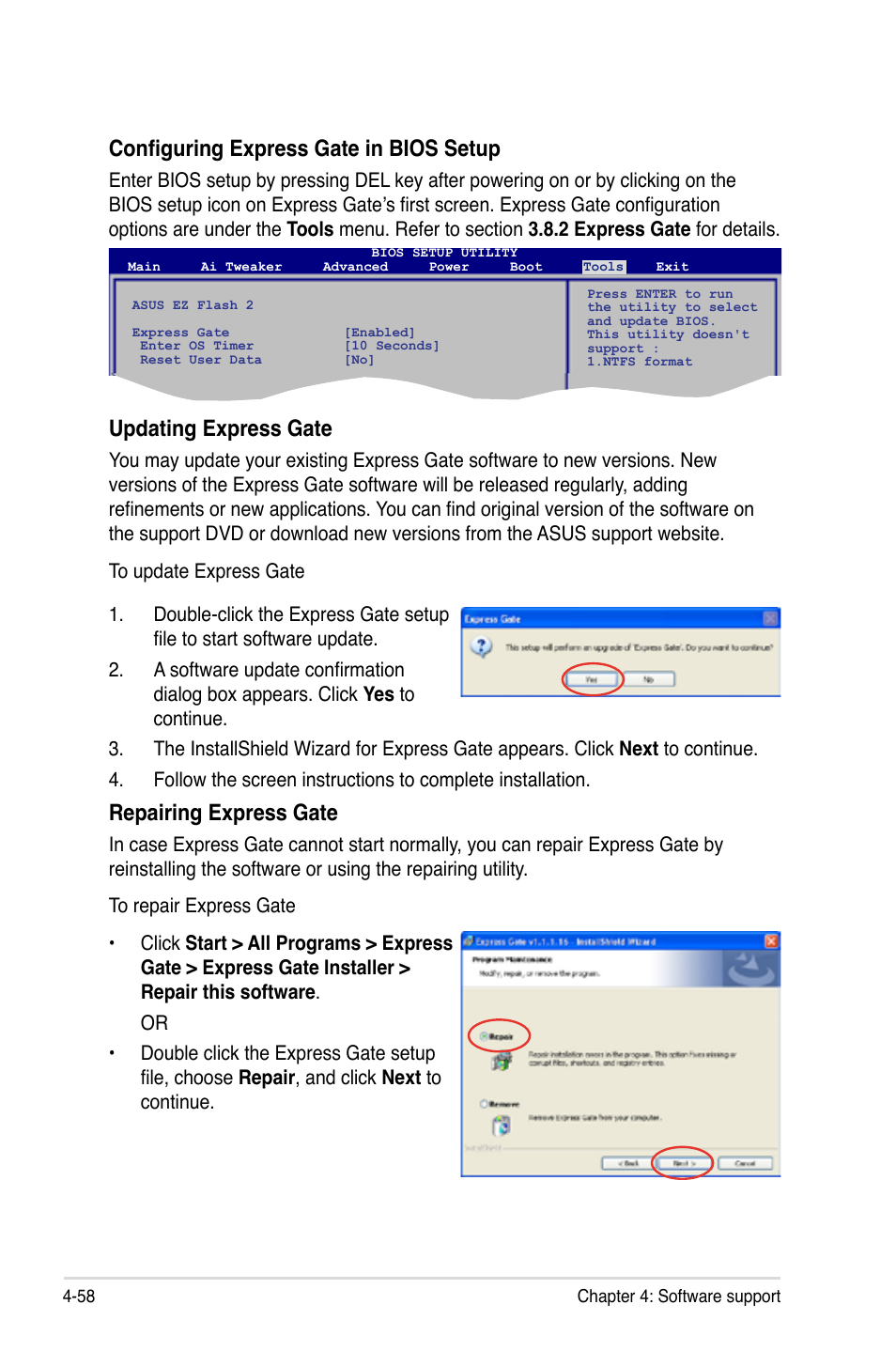 Configuring express gate in bios setup, Updating express gate, Repairing express gate | Asus P5Q-E/WiFi-AP User Manual | Page 168 / 186