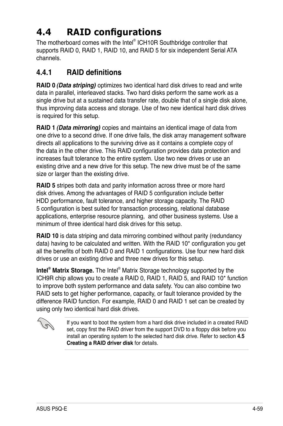 4 raid configurations, 1 raid definitions, Raid configurations -59 4.4.1 | Raid definitions -59 | Asus P5Q-E/WiFi-AP User Manual | Page 169 / 186