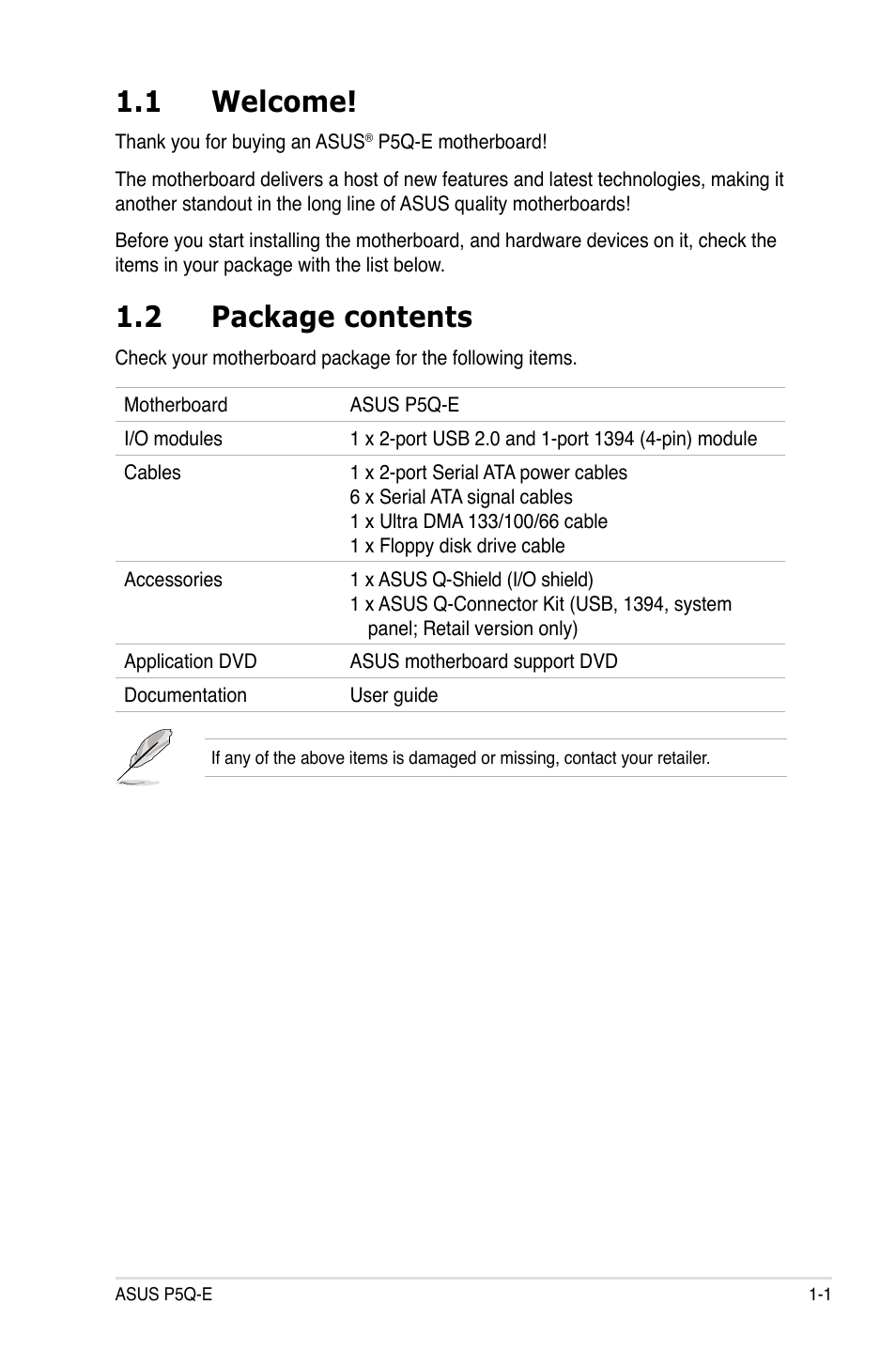1 welcome, 2 package contents, Welcome! -1 | Package contents -1 | Asus P5Q-E/WiFi-AP User Manual | Page 17 / 186