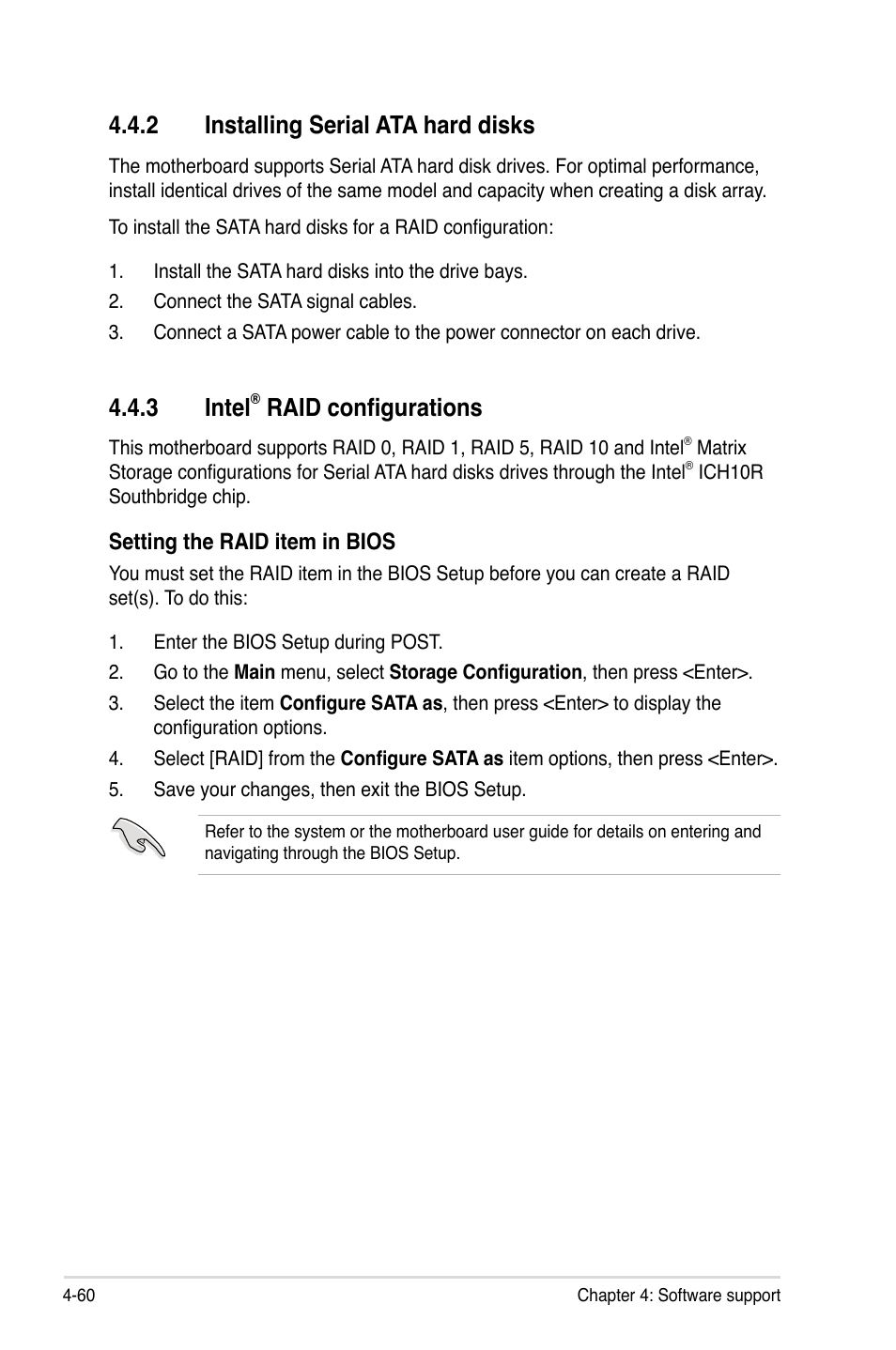 2 installing serial ata hard disks, 3 intel® raid configurations, Installing serial ata hard disks -60 | Intel, Raid configurations -60, 3 intel, Raid configurations | Asus P5Q-E/WiFi-AP User Manual | Page 170 / 186