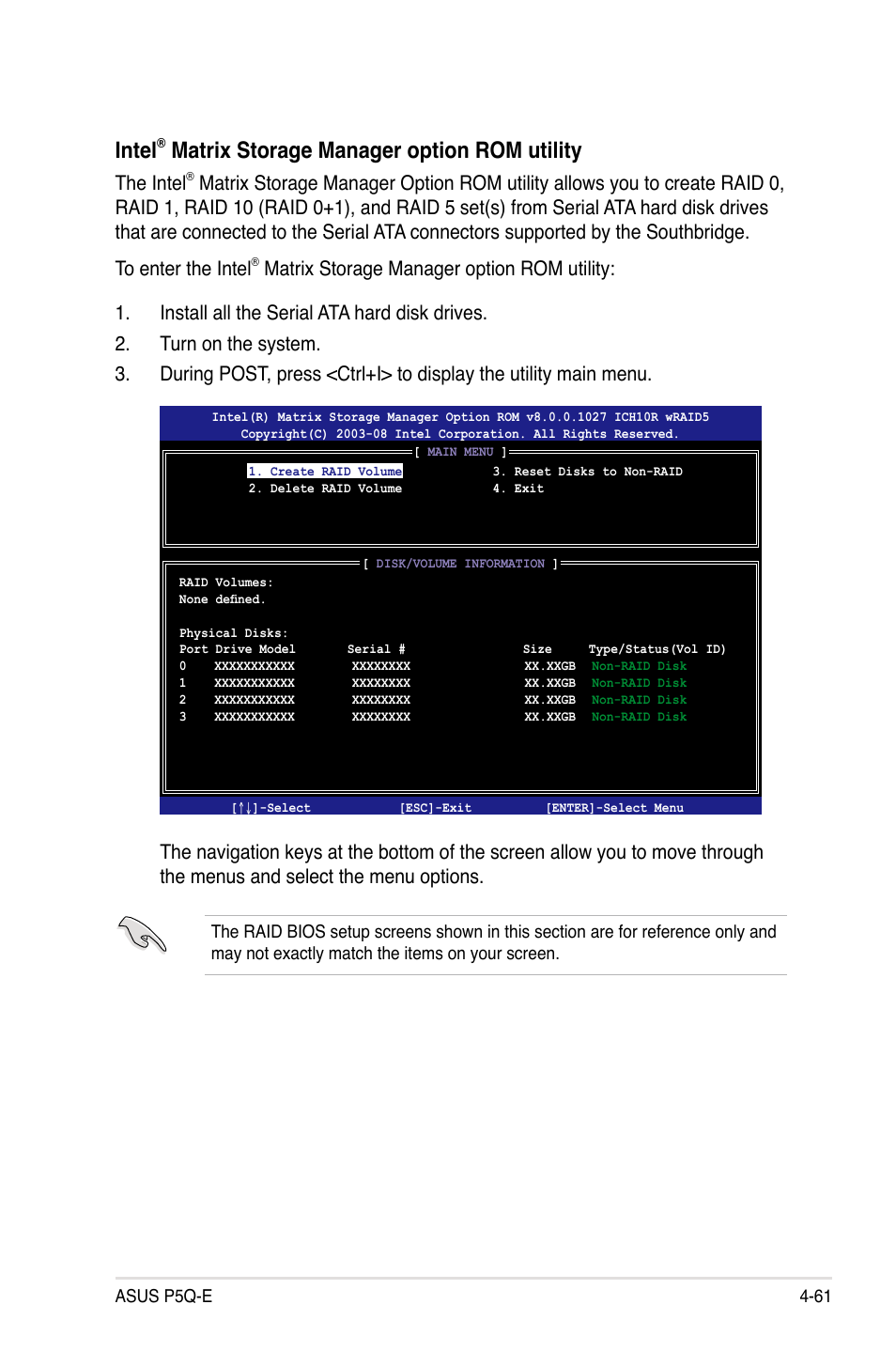 Intel, Matrix storage manager option rom utility, The intel | Asus P5Q-E/WiFi-AP User Manual | Page 171 / 186