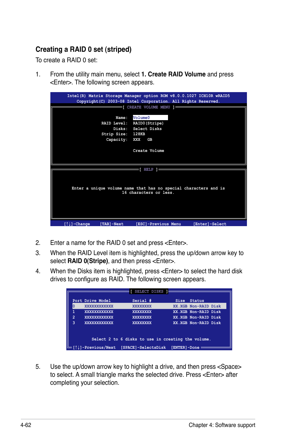 Creating a raid 0 set (striped) | Asus P5Q-E/WiFi-AP User Manual | Page 172 / 186
