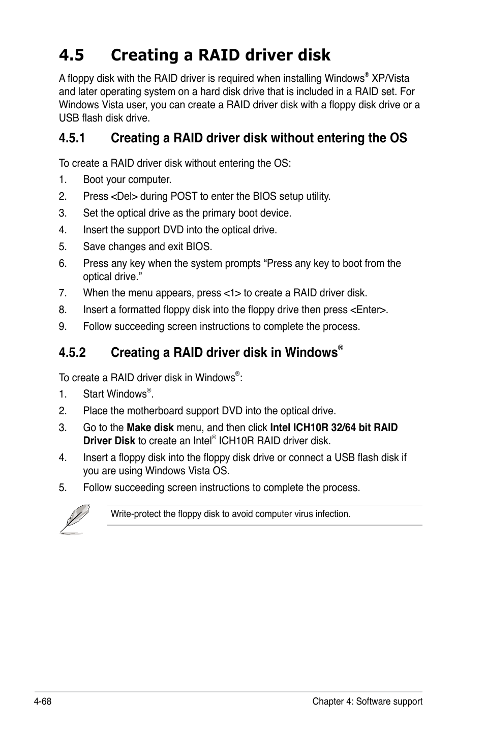 5 creating a raid driver disk, 2 creating a raid driver disk in windows, Creating a raid driver disk -68 4.5.1 | Creating a raid driver disk in windows | Asus P5Q-E/WiFi-AP User Manual | Page 178 / 186