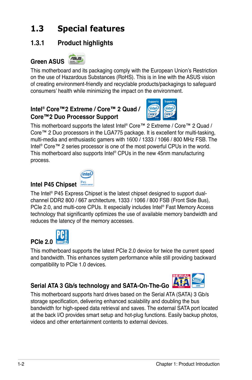 3 special features, 1 product highlights, Special features -2 1.3.1 | Product highlights -2 | Asus P5Q-E/WiFi-AP User Manual | Page 18 / 186