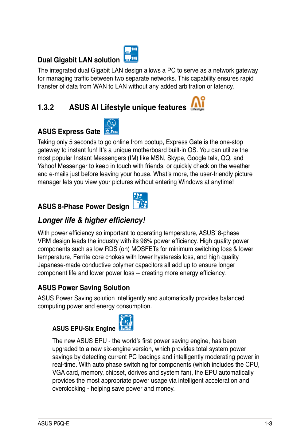 2 asus ai lifestyle unique features, Asus ai lifestyle unique features -3, Longer life & higher efficiency | Asus P5Q-E/WiFi-AP User Manual | Page 19 / 186
