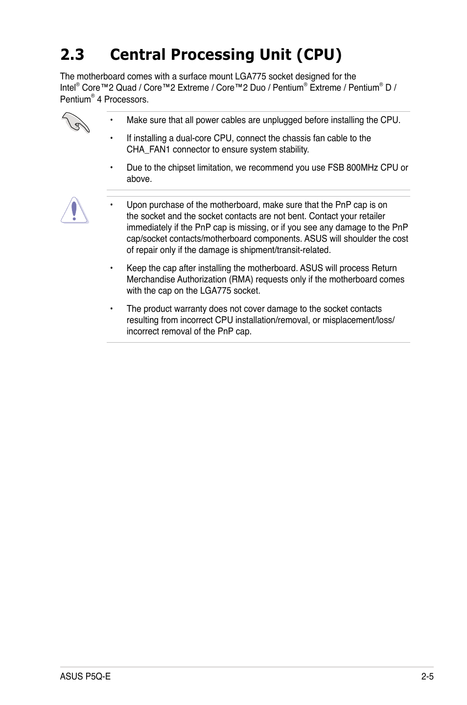 3 central processing unit (cpu), Central processing unit (cpu) -5 | Asus P5Q-E/WiFi-AP User Manual | Page 31 / 186