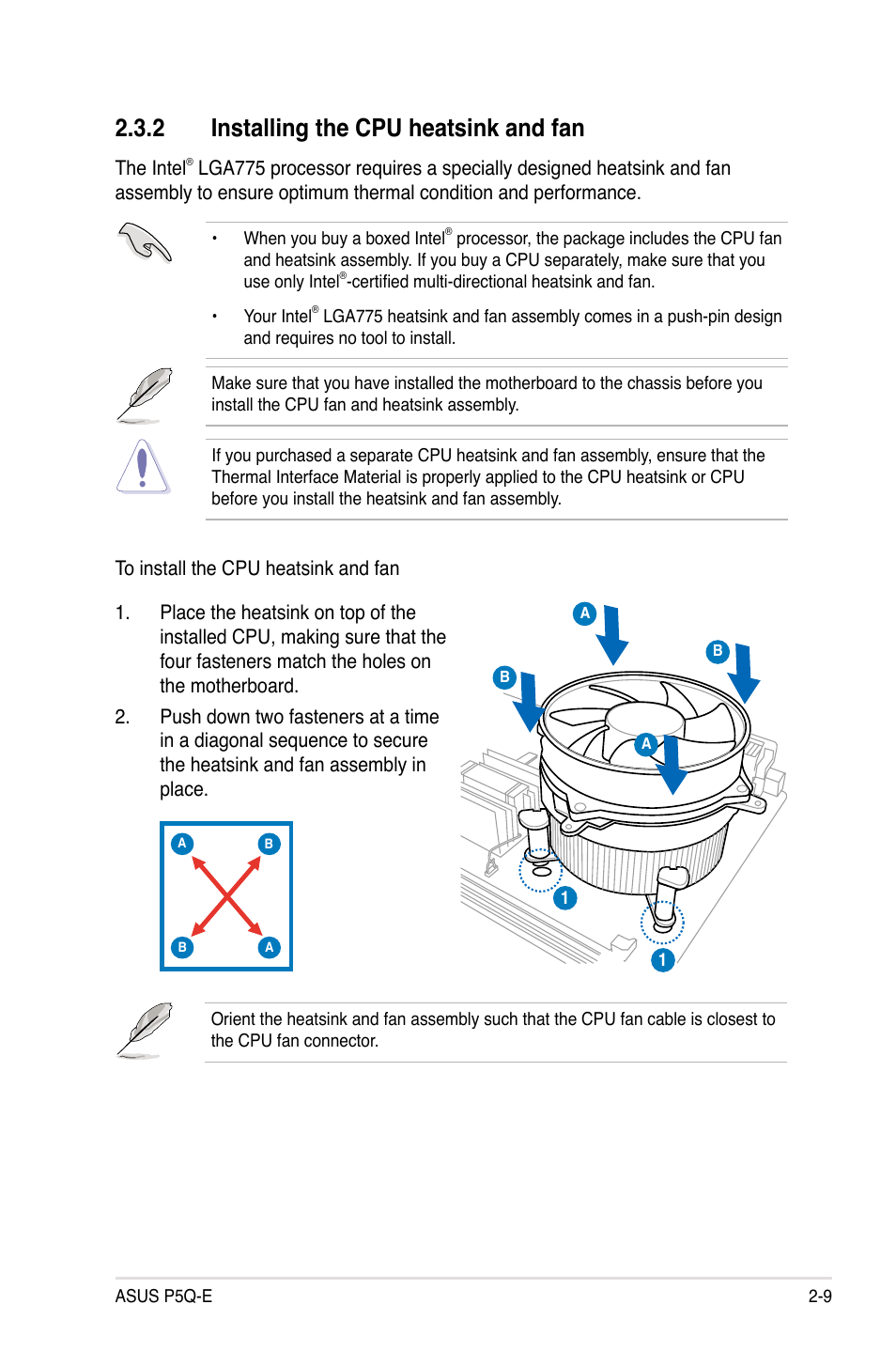 2 installing the cpu heatsink and fan, Installing the cpu heatsink and fan -9 | Asus P5Q-E/WiFi-AP User Manual | Page 35 / 186