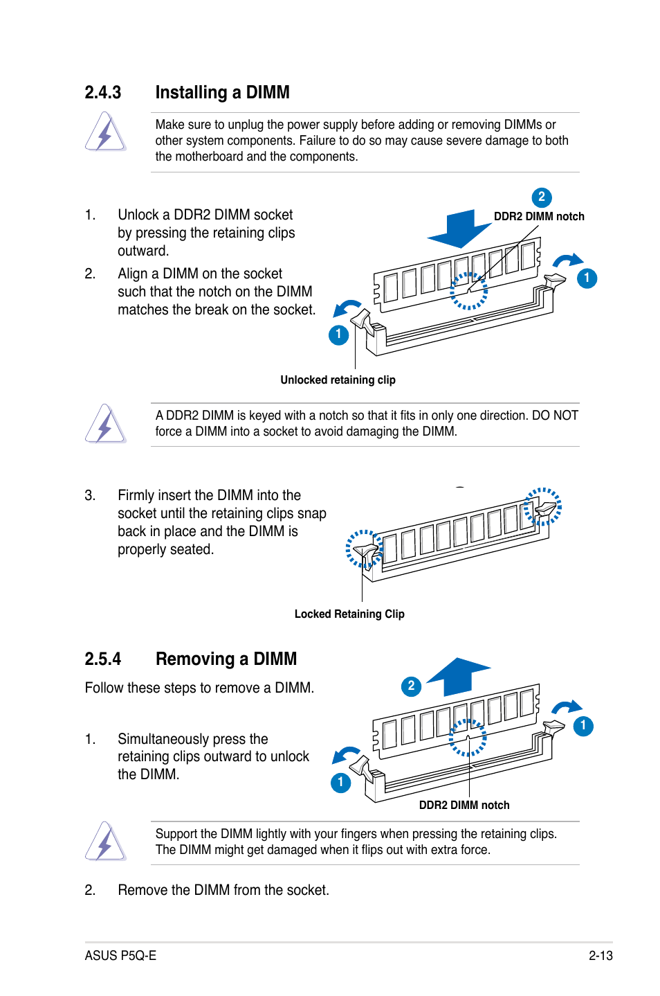 3 installing a dimm, 4 removing a dimm, Installing a dimm -13 | Removing a dimm -13 | Asus P5Q-E/WiFi-AP User Manual | Page 39 / 186