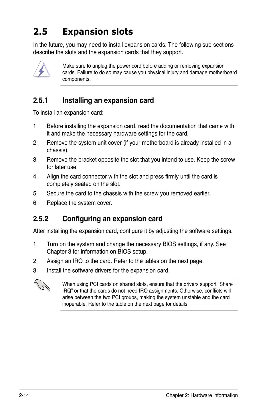 5 expansion slots, 1 installing an expansion card, 2 configuring an expansion card | Expansion slots -14 2.5.1, Installing an expansion card -14, Configuring an expansion card -14 | Asus P5Q-E/WiFi-AP User Manual | Page 40 / 186