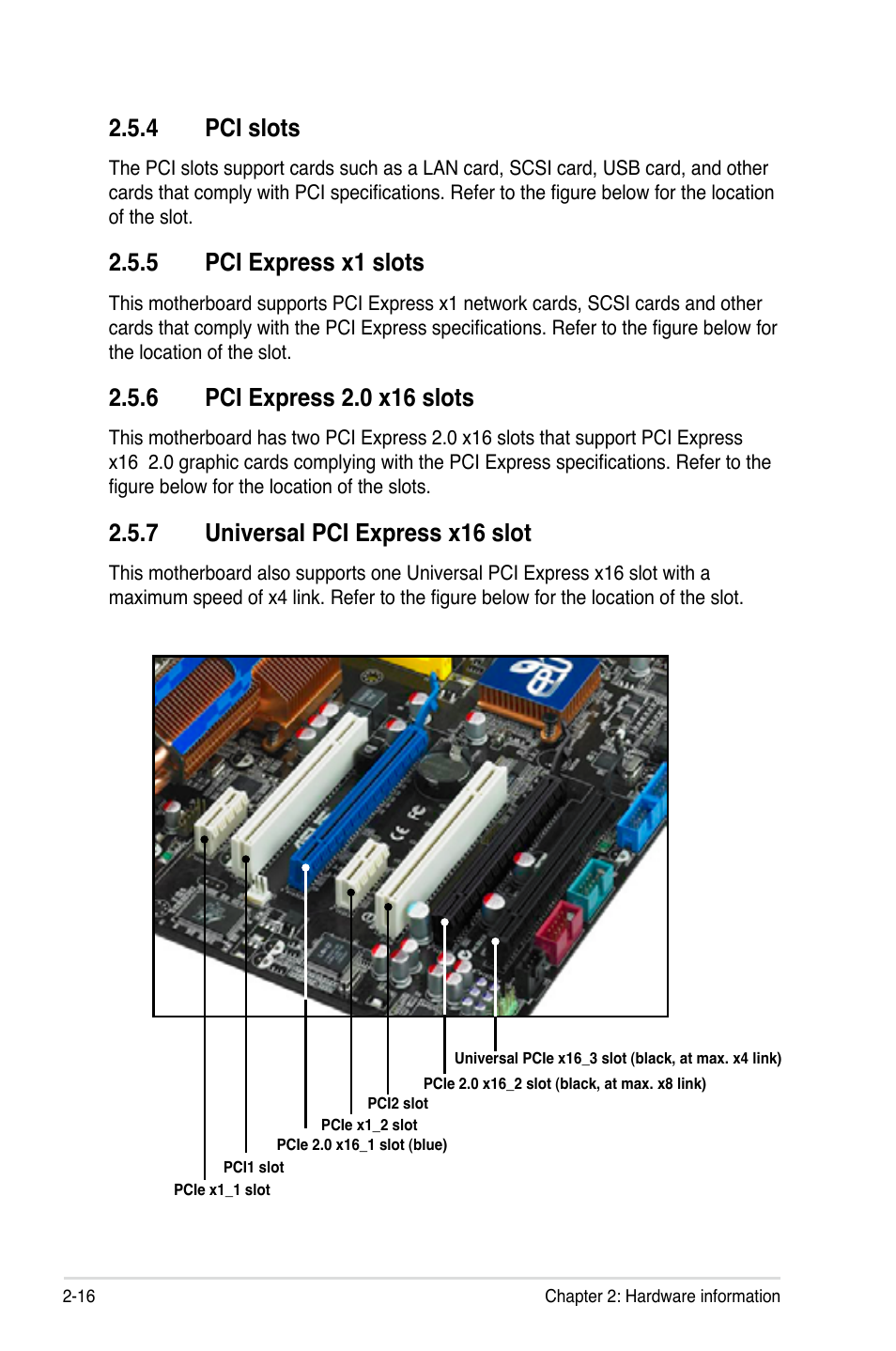 4 pci slots, 5 pci express x1 slots, 6 pci express 2.0 x16 slots | 7 universal pci express x16 slot (black), Pci slots -16, Pci express x1 slots -16, Pci express 2.0 x16 slots -16, Universal pci express x16 slot -16, 7 universal pci express x16 slot | Asus P5Q-E/WiFi-AP User Manual | Page 42 / 186