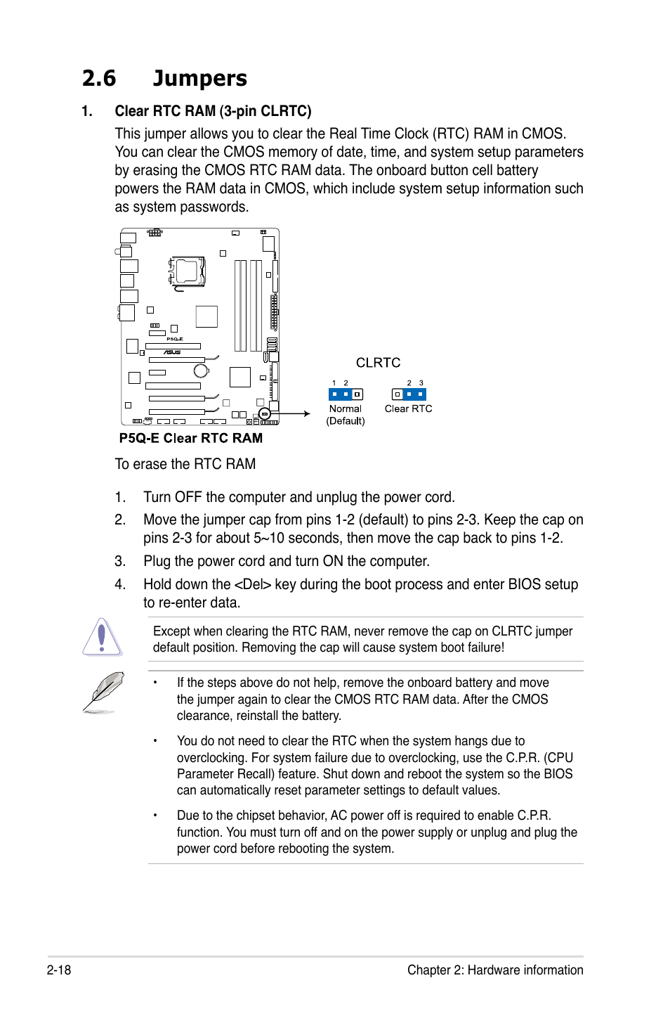 6 jumpers, Jumpers -18 | Asus P5Q-E/WiFi-AP User Manual | Page 44 / 186