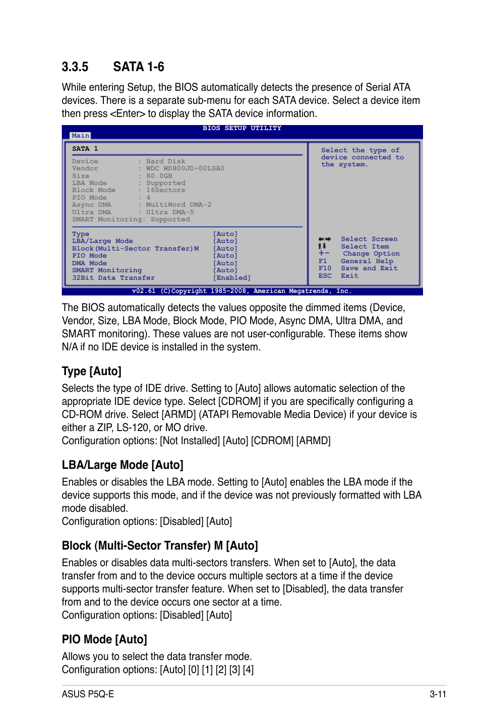 5 sata 1-6, Sata 1-6 -11, Type [auto | Lba/large mode [auto, Block (multi-sector transfer) m [auto, Pio mode [auto | Asus P5Q-E/WiFi-AP User Manual | Page 77 / 186