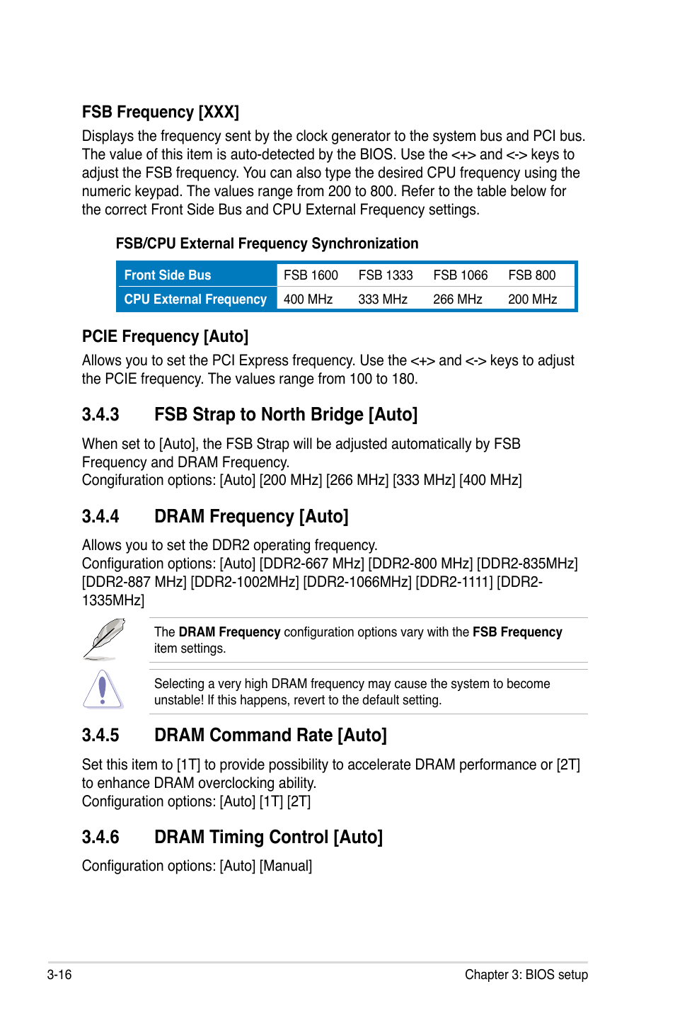 3 fsb strap to north bridge [auto, 4 dram frequency [auto, 5 dram command rate [auto | 6 dram timing control [auto, Fsb strap to north bridge -16, Dram frequency -16, Dram command rate -16, Dram timing control -16 | Asus P5Q-E/WiFi-AP User Manual | Page 82 / 186