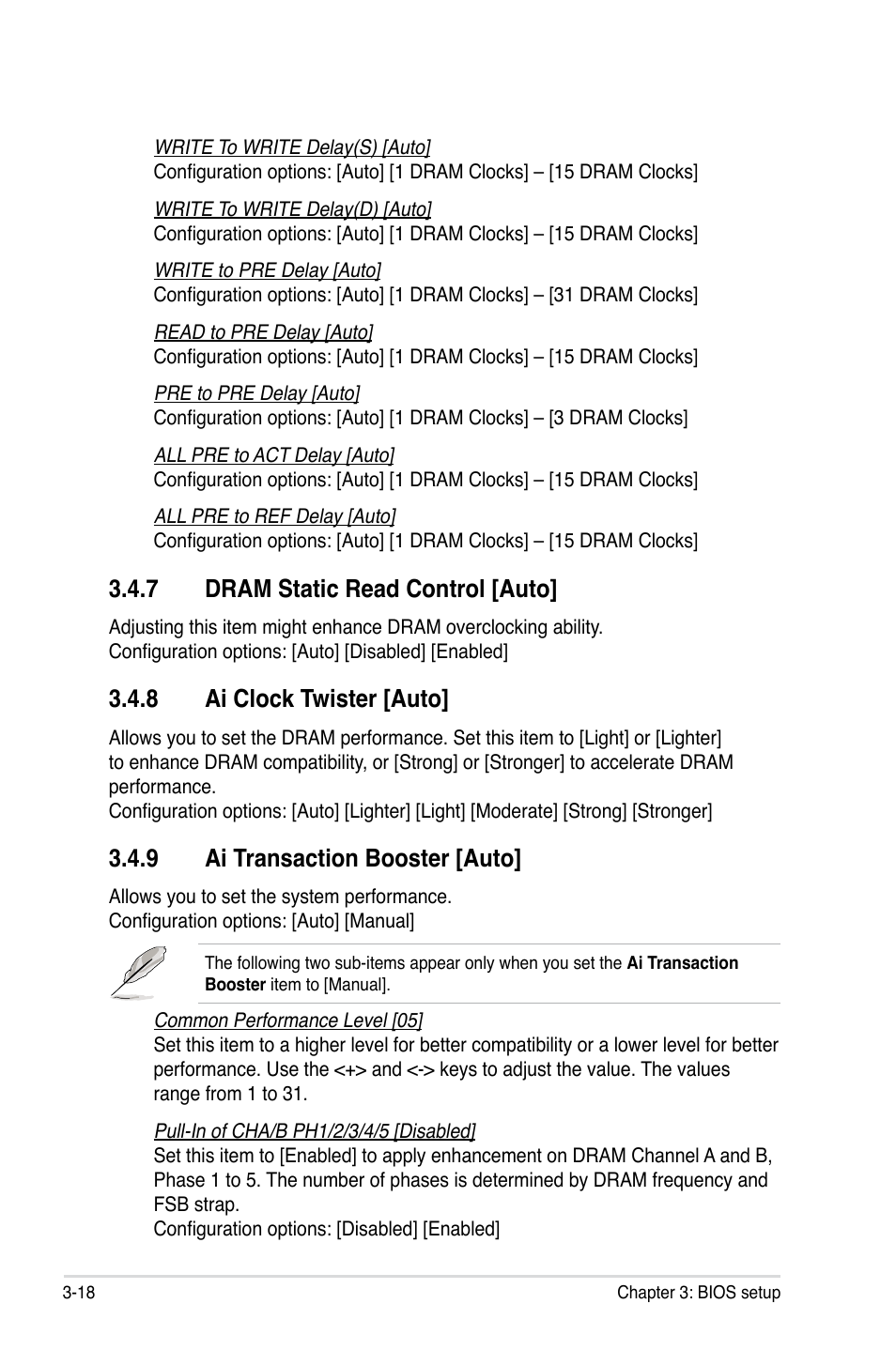 7 dram static read control [auto, 8 ai clock twister [auto, 9 ai transaction booster [auto | Dram static read control -18, Ai clock twister -18, Ai transaction booster -18 | Asus P5Q-E/WiFi-AP User Manual | Page 84 / 186