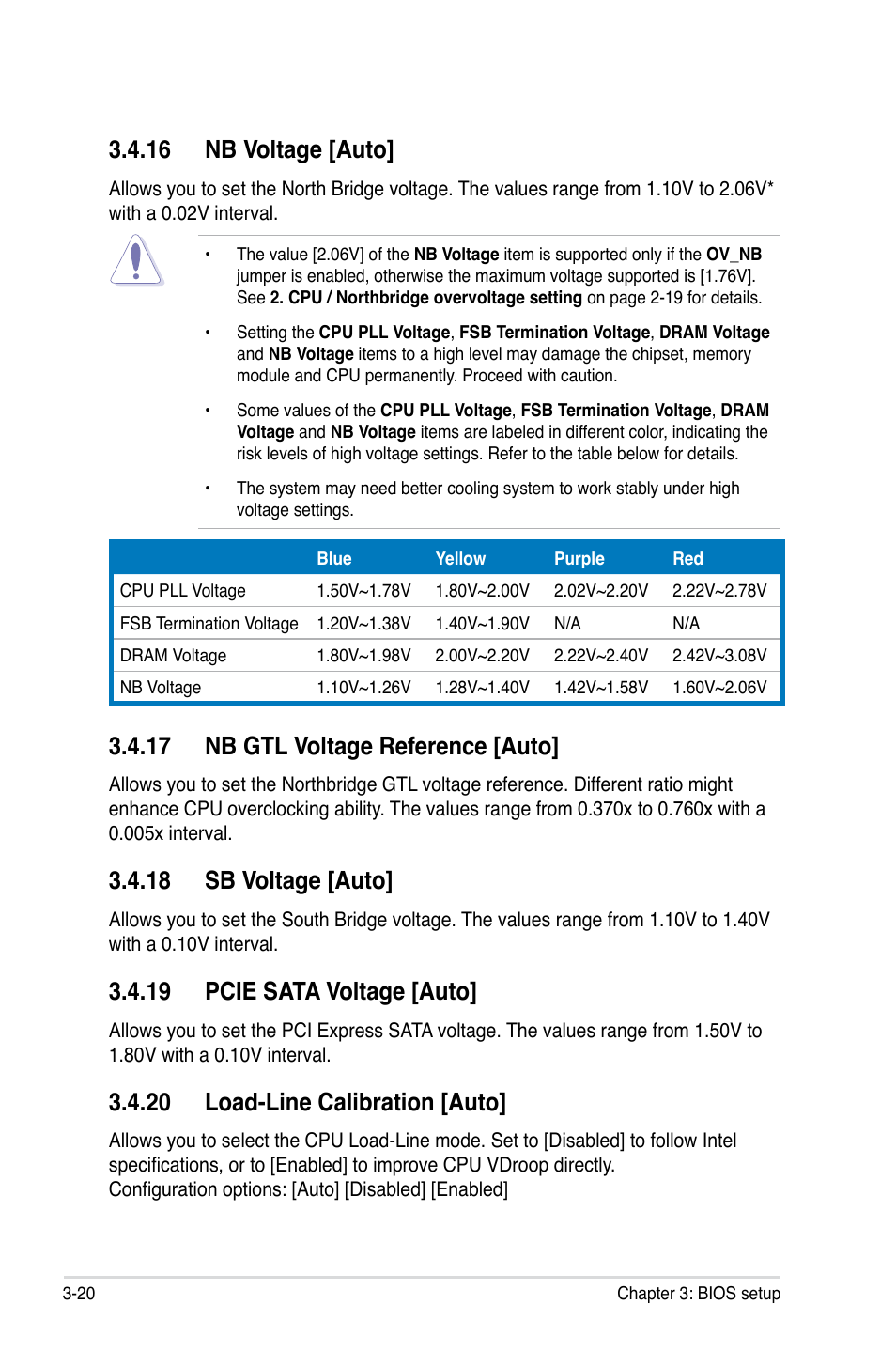 16 nb voltage [auto, 17 nb gtl voltage reference [auto, 18 sb voltage [auto | 19 pcie sata voltage [auto, 20 load-line calibration [auto | Asus P5Q-E/WiFi-AP User Manual | Page 86 / 186