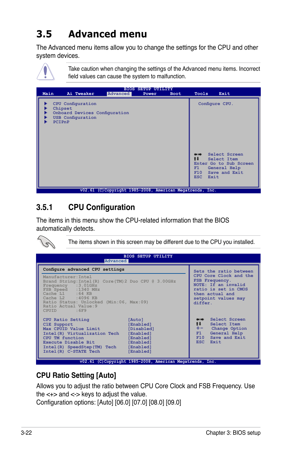 5 advanced menu, 1 cpu configuration, Advanced menu -22 3.5.1 | Cpu configuration -22, Cpu ratio setting [auto | Asus P5Q-E/WiFi-AP User Manual | Page 88 / 186