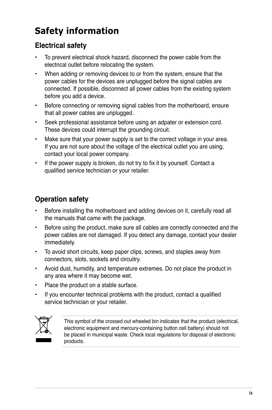 Safety information, Electrical safety, Operation safety | Asus P5Q-E/WiFi-AP User Manual | Page 9 / 186
