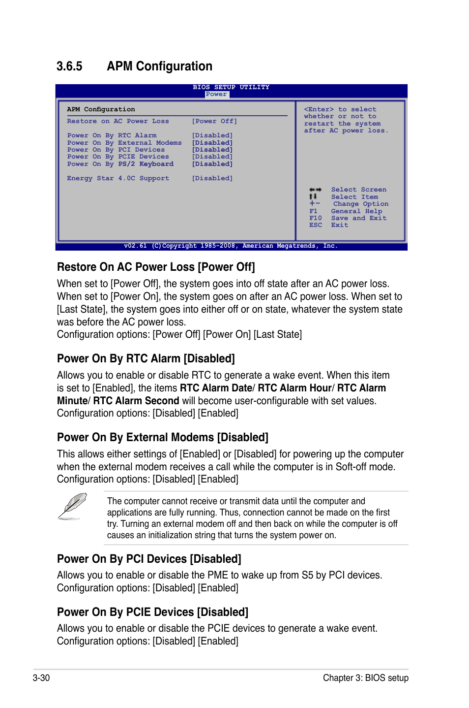 5 apm configuration, Apm configuration -30, Restore on ac power loss [power off | Power on by rtc alarm [disabled, Power on by external modems [disabled, Power on by pci devices [disabled, Power on by pcie devices [disabled | Asus P5Q-E/WiFi-AP User Manual | Page 96 / 186