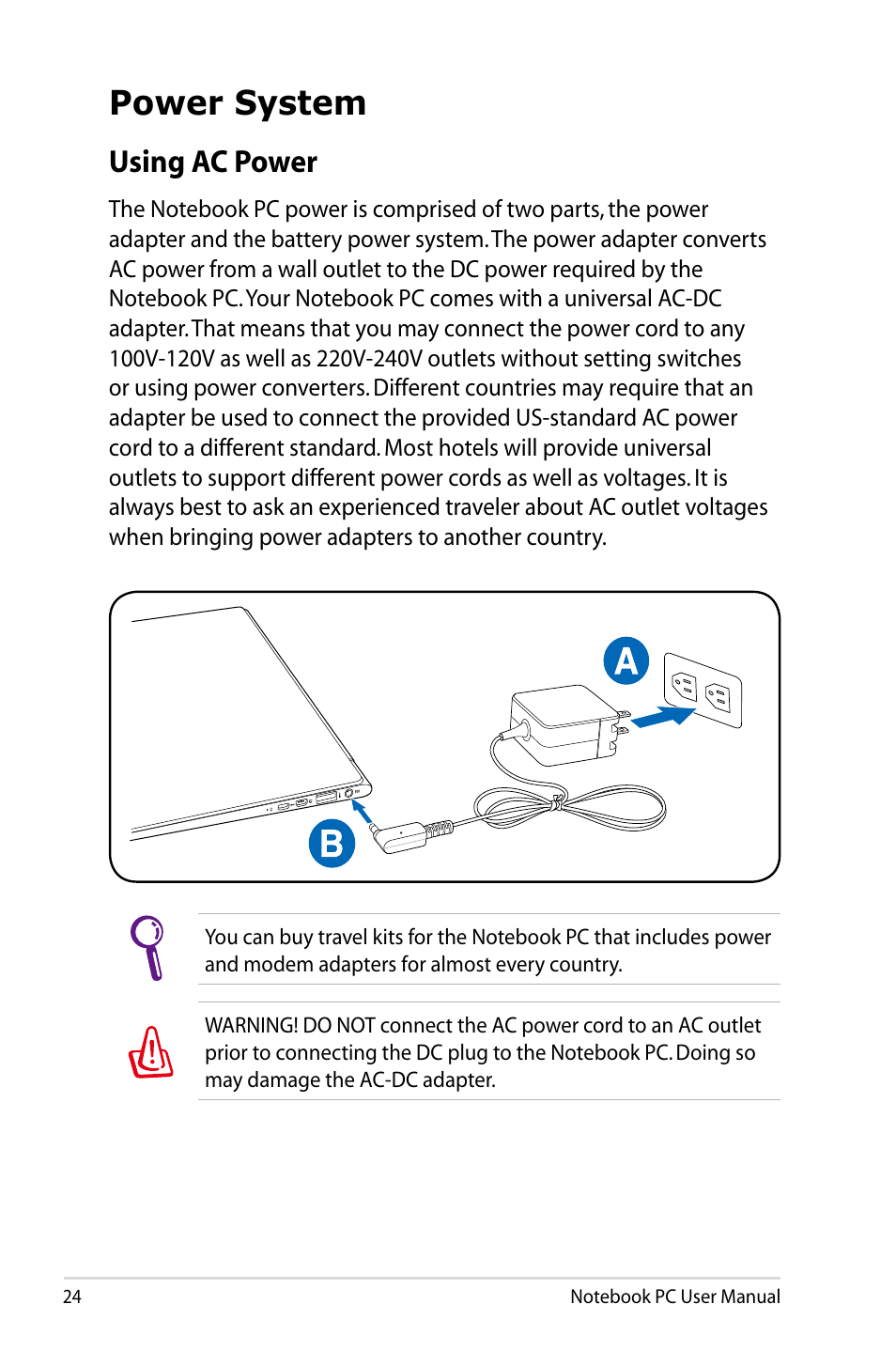 Power system, Using ac power | Asus UX31A User Manual | Page 24 / 98