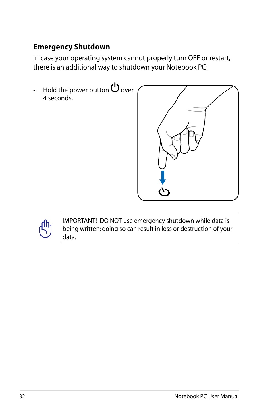 Emergency shutdown | Asus UX31A User Manual | Page 32 / 98