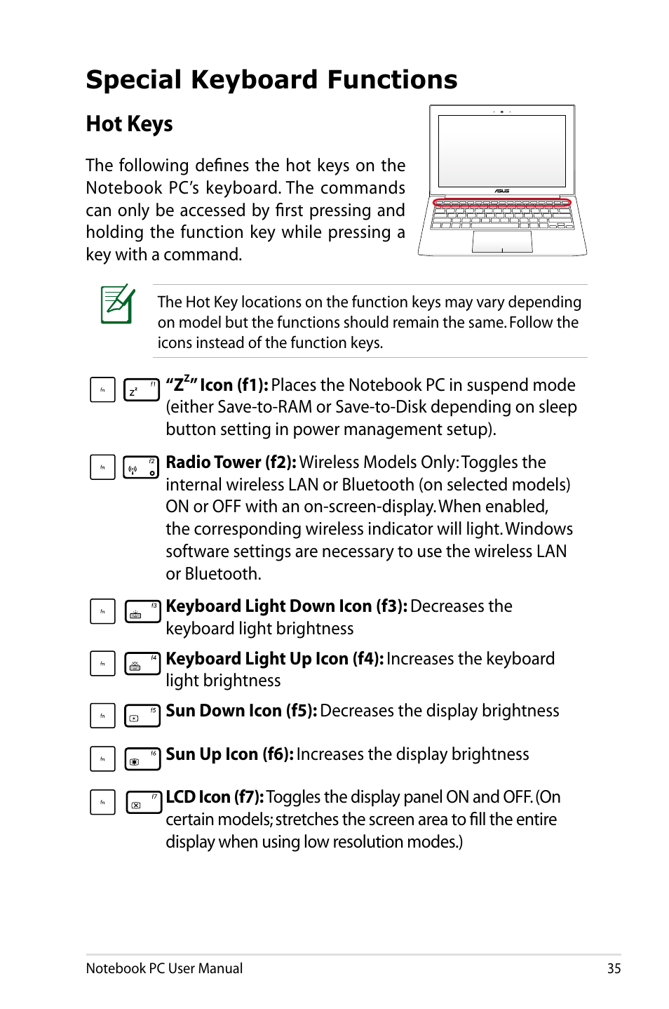 Special keyboard functions, Hot keys | Asus UX31A User Manual | Page 35 / 98