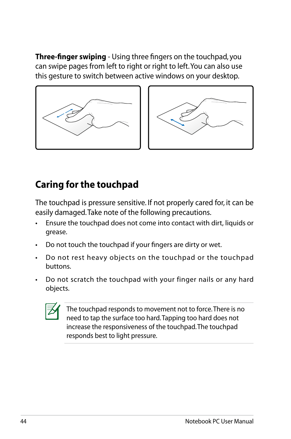 Caring for the touchpad | Asus UX31A User Manual | Page 44 / 98