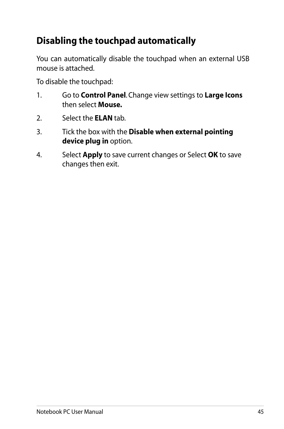 Disabling the touchpad automatically | Asus UX31A User Manual | Page 45 / 98