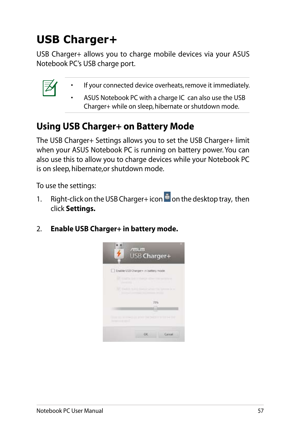 Usb charger, Using usb charger+ on battery mode | Asus UX31A User Manual | Page 57 / 98