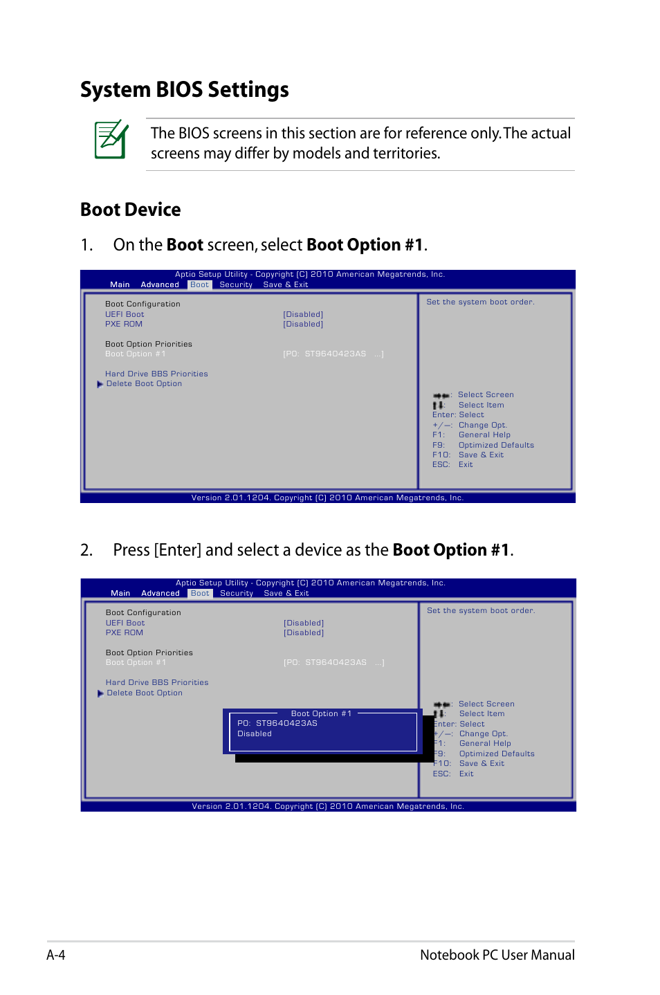 System bios settings, Boot device | Asus UX31A User Manual | Page 62 / 98