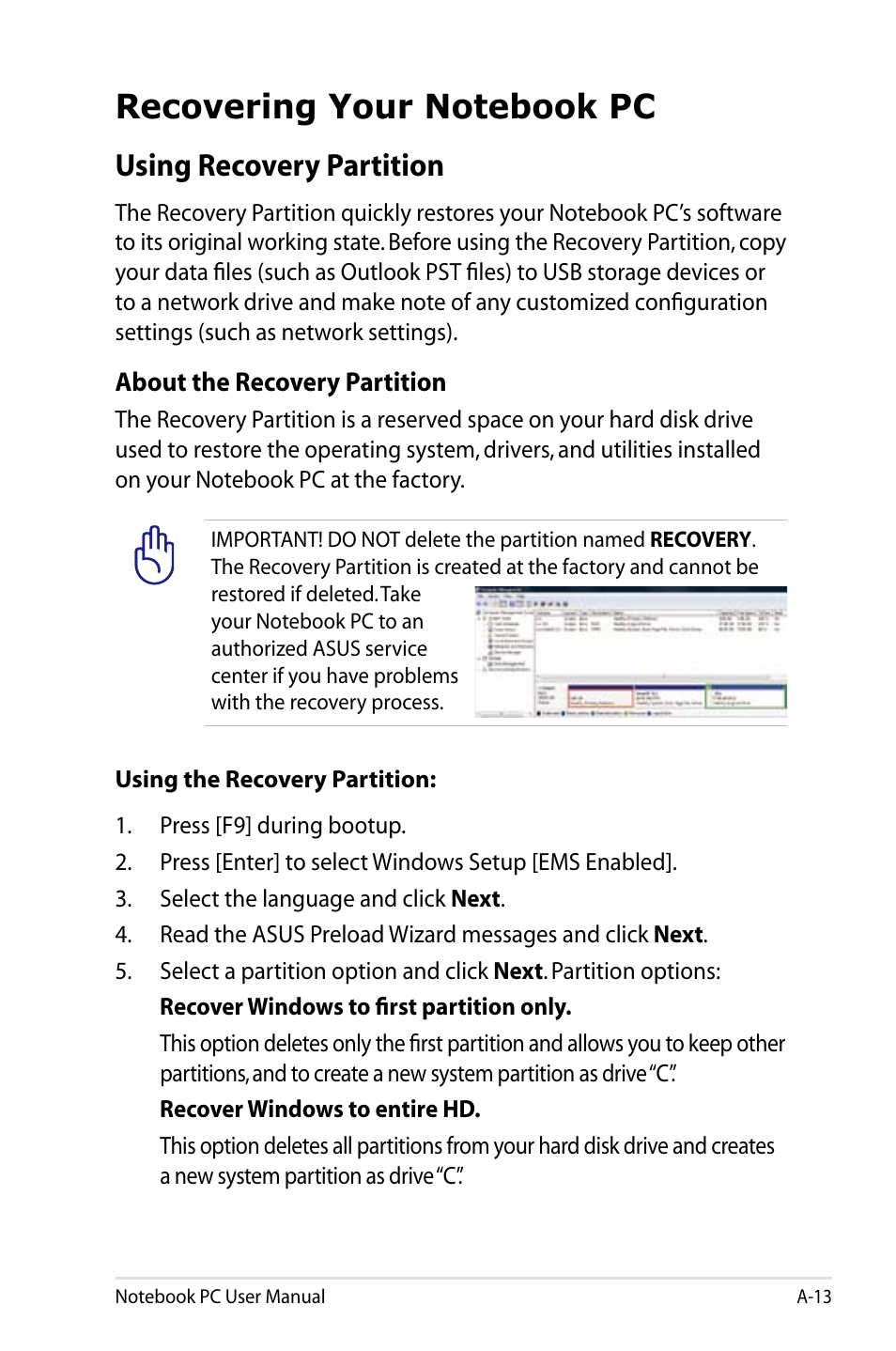 Recovering your notebook pc, Using recovery partition | Asus UX31A User Manual | Page 71 / 98