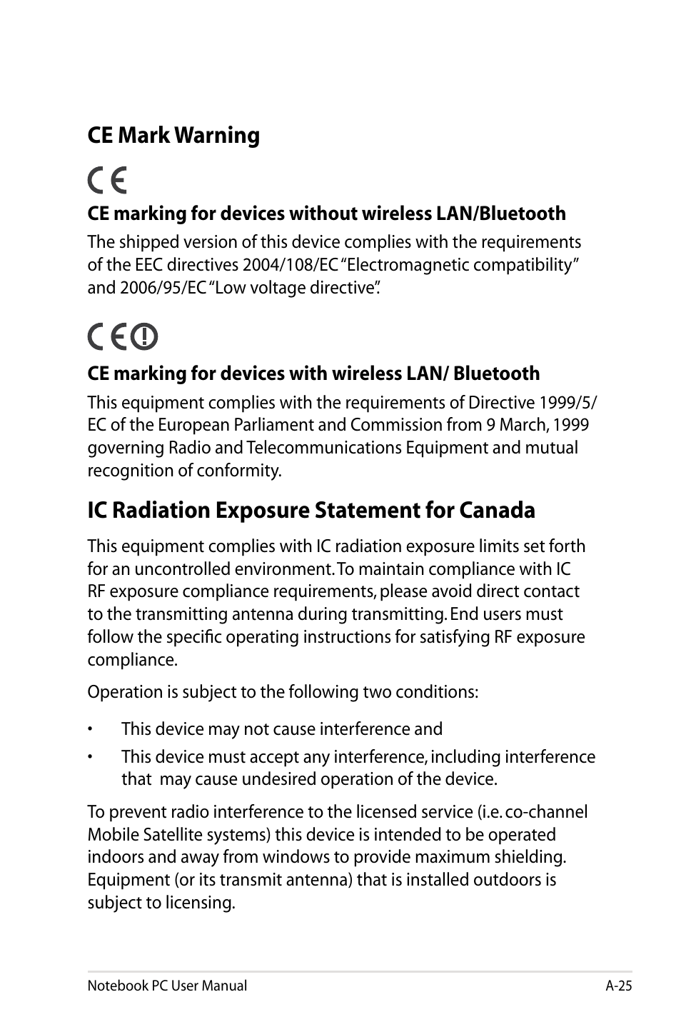 Ce mark warning, Ic radiation exposure statement for canada | Asus UX31A User Manual | Page 83 / 98