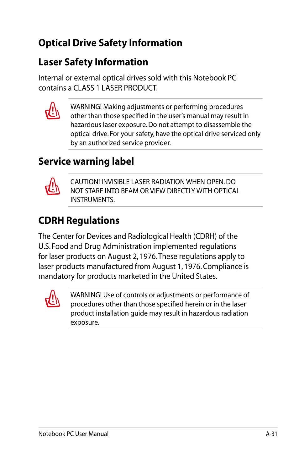 Optical drive safety information, Laser safety information, Service warning label | Cdrh regulations | Asus UX31A User Manual | Page 89 / 98