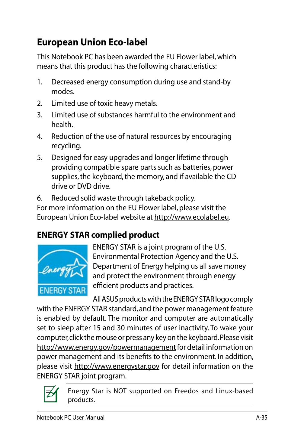 European union eco-label, Energy star complied product | Asus UX31A User Manual | Page 93 / 98