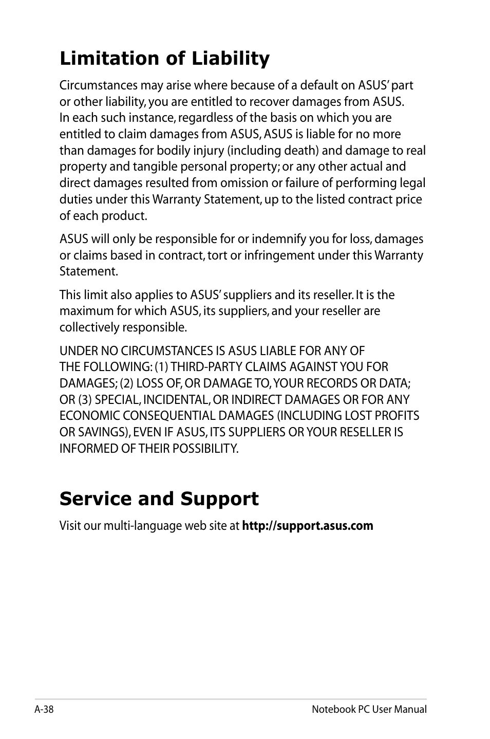 Limitation of liability, Service and support | Asus UX31A User Manual | Page 96 / 98