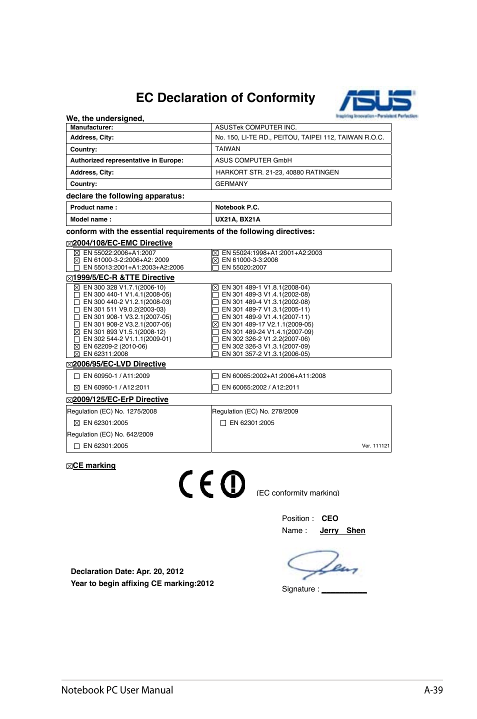 Ec declaration of conformity | Asus UX31A User Manual | Page 97 / 98