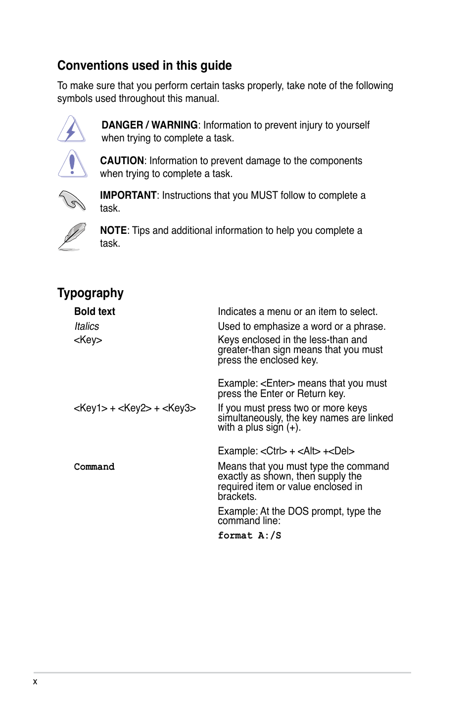 Conventions used in this guide, Typography | Asus P5BV/SAS User Manual | Page 10 / 184