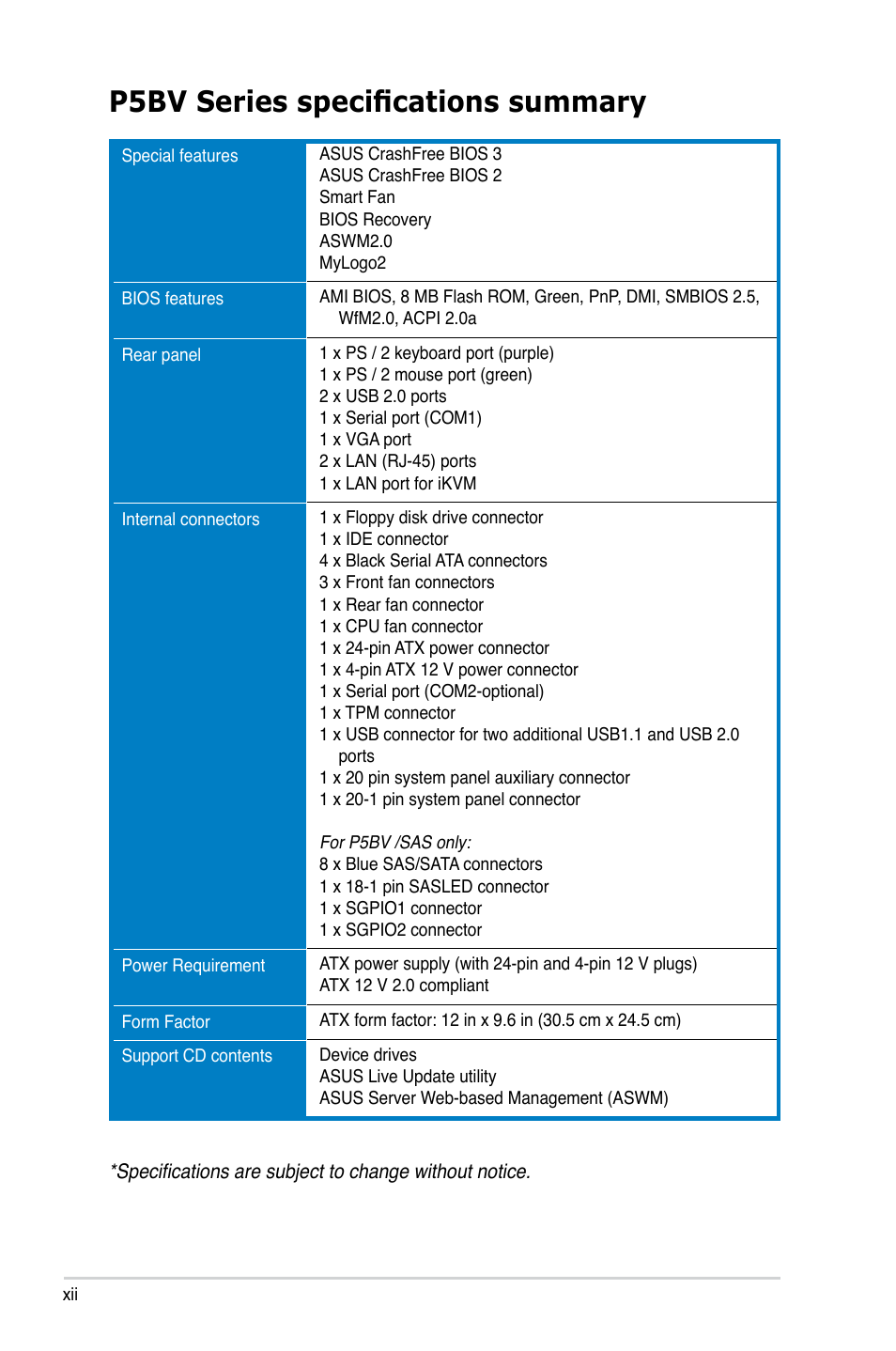 P5bv series specifications summary | Asus P5BV/SAS User Manual | Page 12 / 184