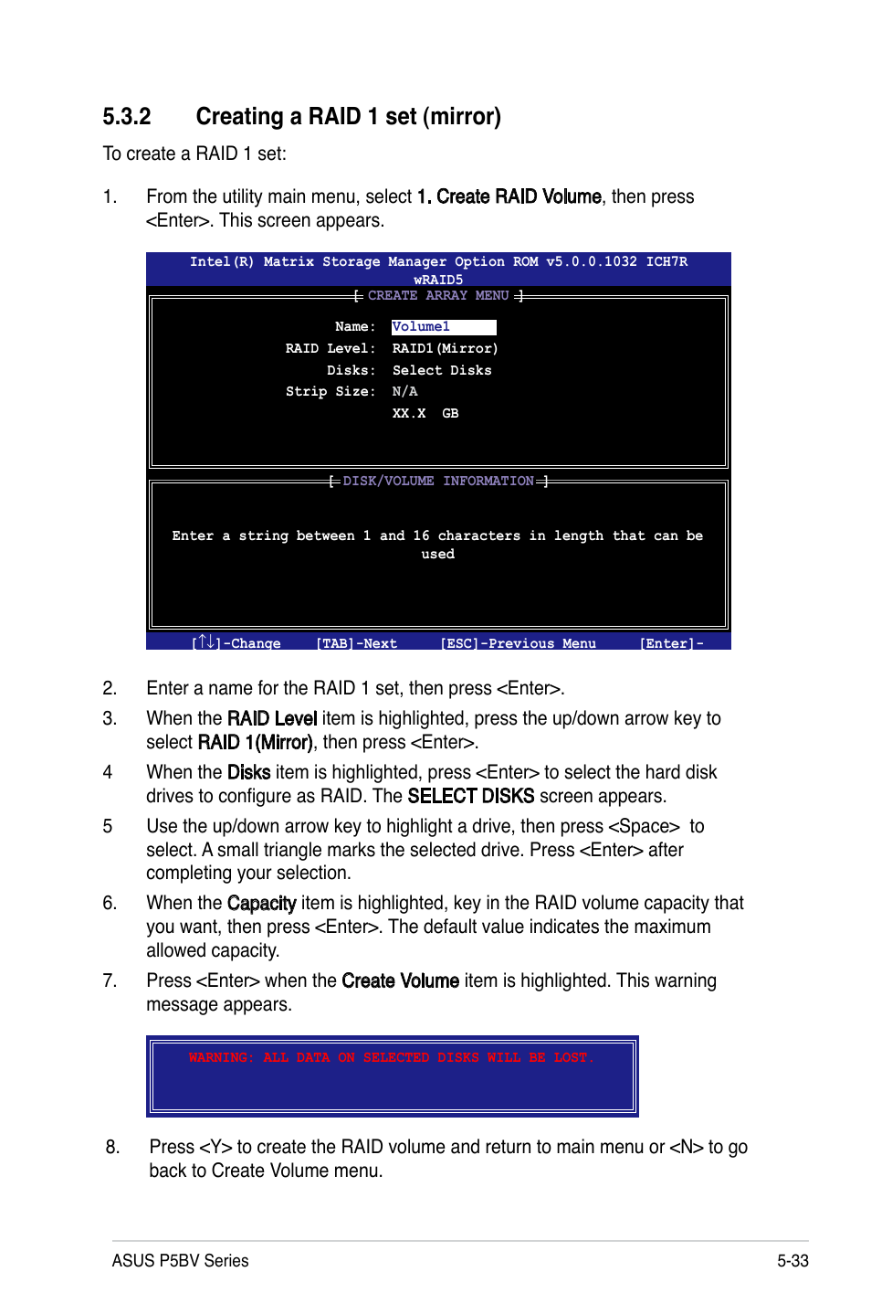 2 creating a raid 1 set (mirror) | Asus P5BV/SAS User Manual | Page 131 / 184