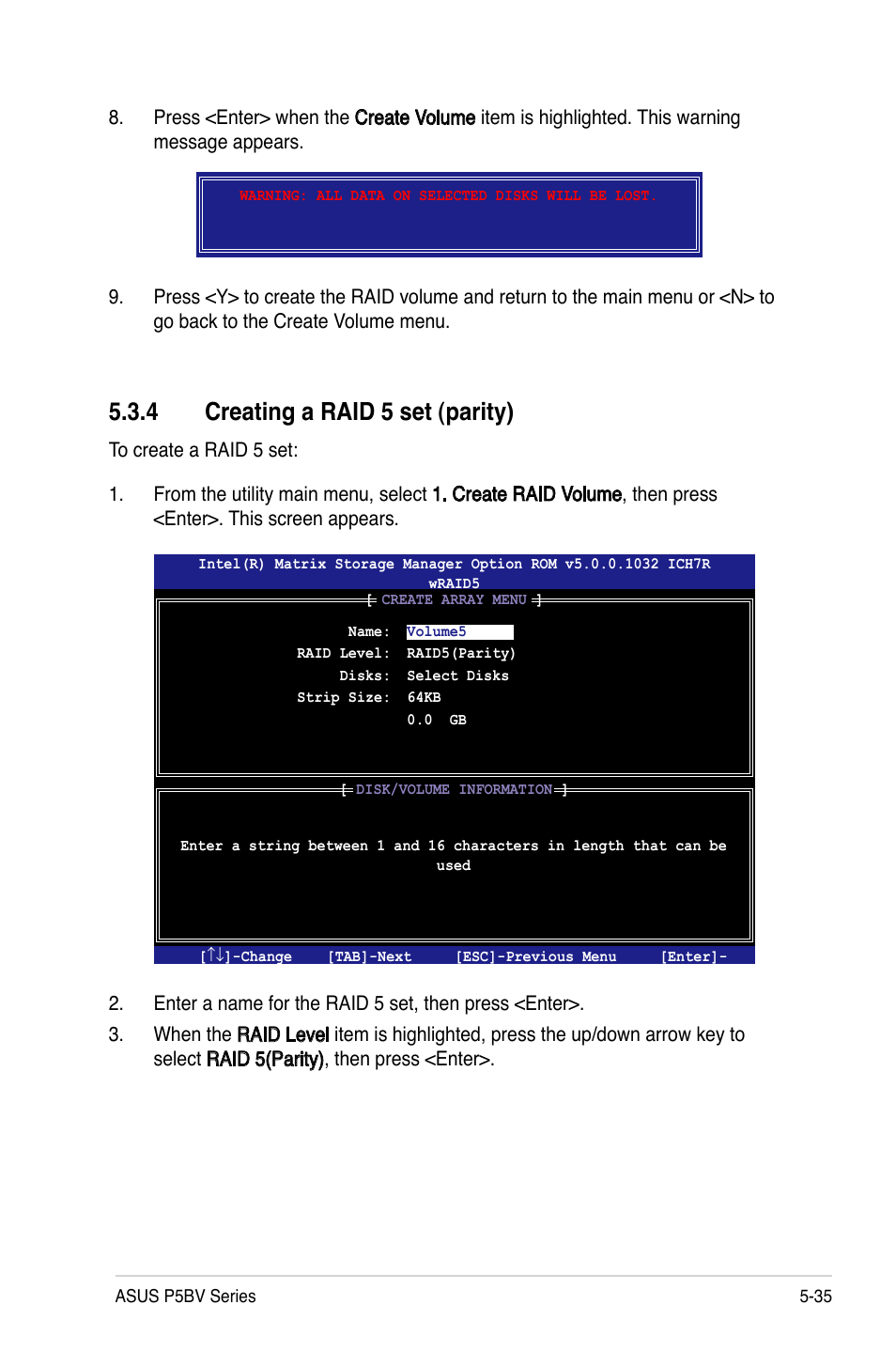 4 creating a raid 5 set (parity) | Asus P5BV/SAS User Manual | Page 133 / 184