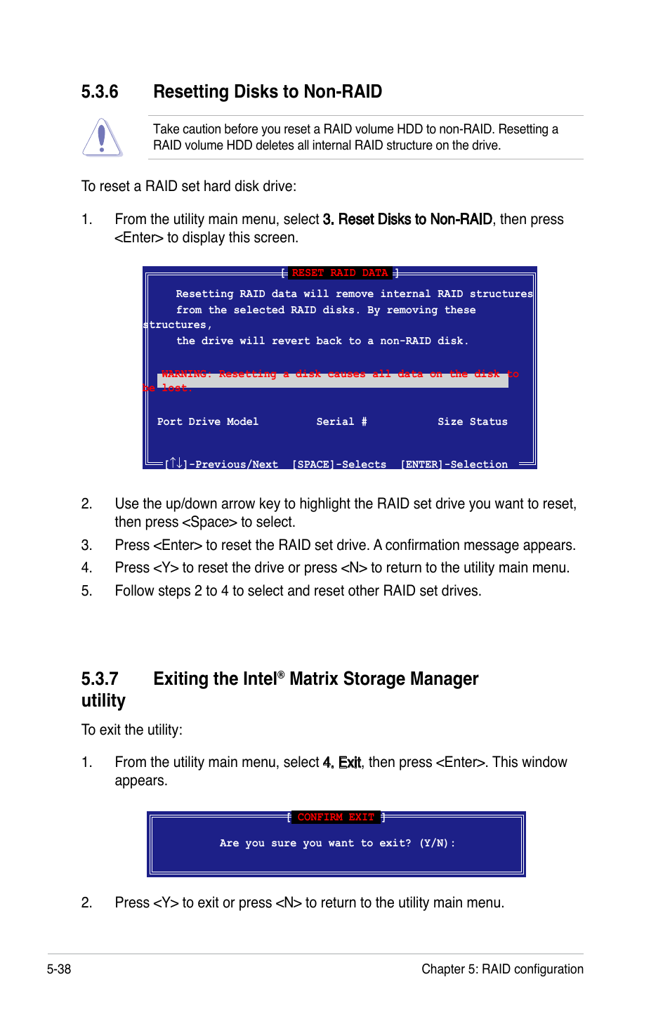 7 exiting the intel, Matrix storage manager utility, 6 resetting disks to non-raid | Asus P5BV/SAS User Manual | Page 136 / 184