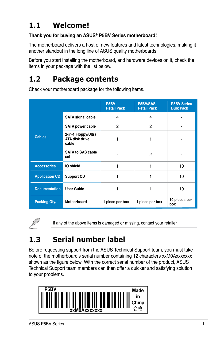 1 welcome, 2 package contents, 3 serial number label | Asus P5BV/SAS User Manual | Page 15 / 184