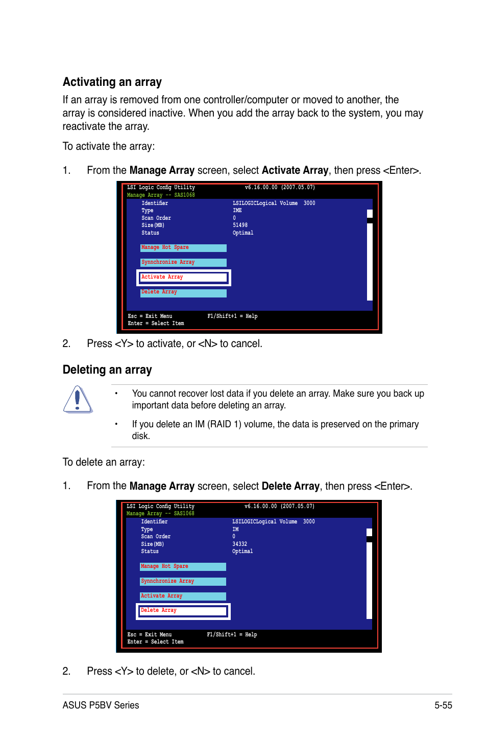 Activating an array, Deleting an array, Asus p5bv series 5-55 | Asus P5BV/SAS User Manual | Page 153 / 184