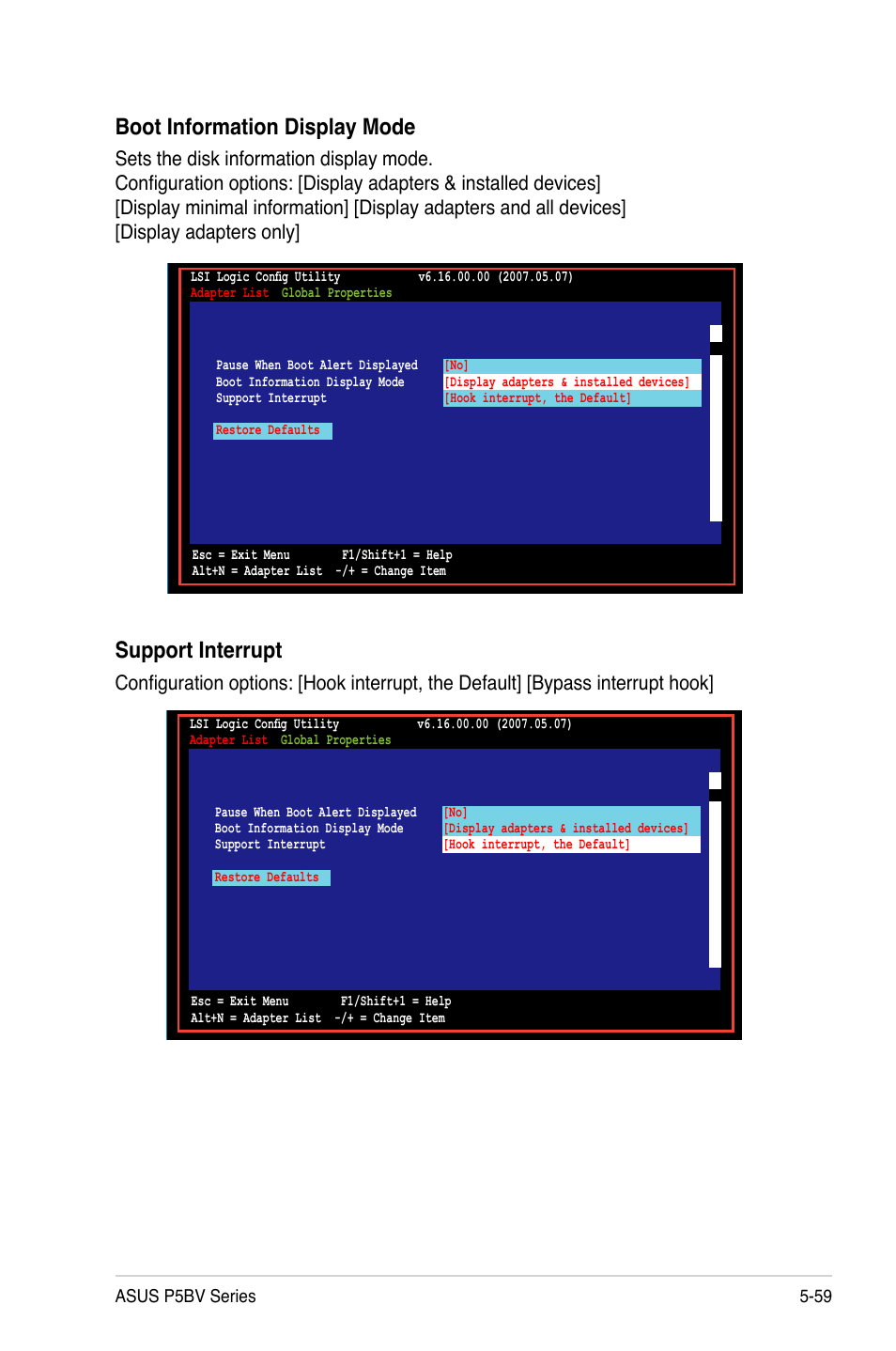Boot information display mode, Support interrupt | Asus P5BV/SAS User Manual | Page 157 / 184