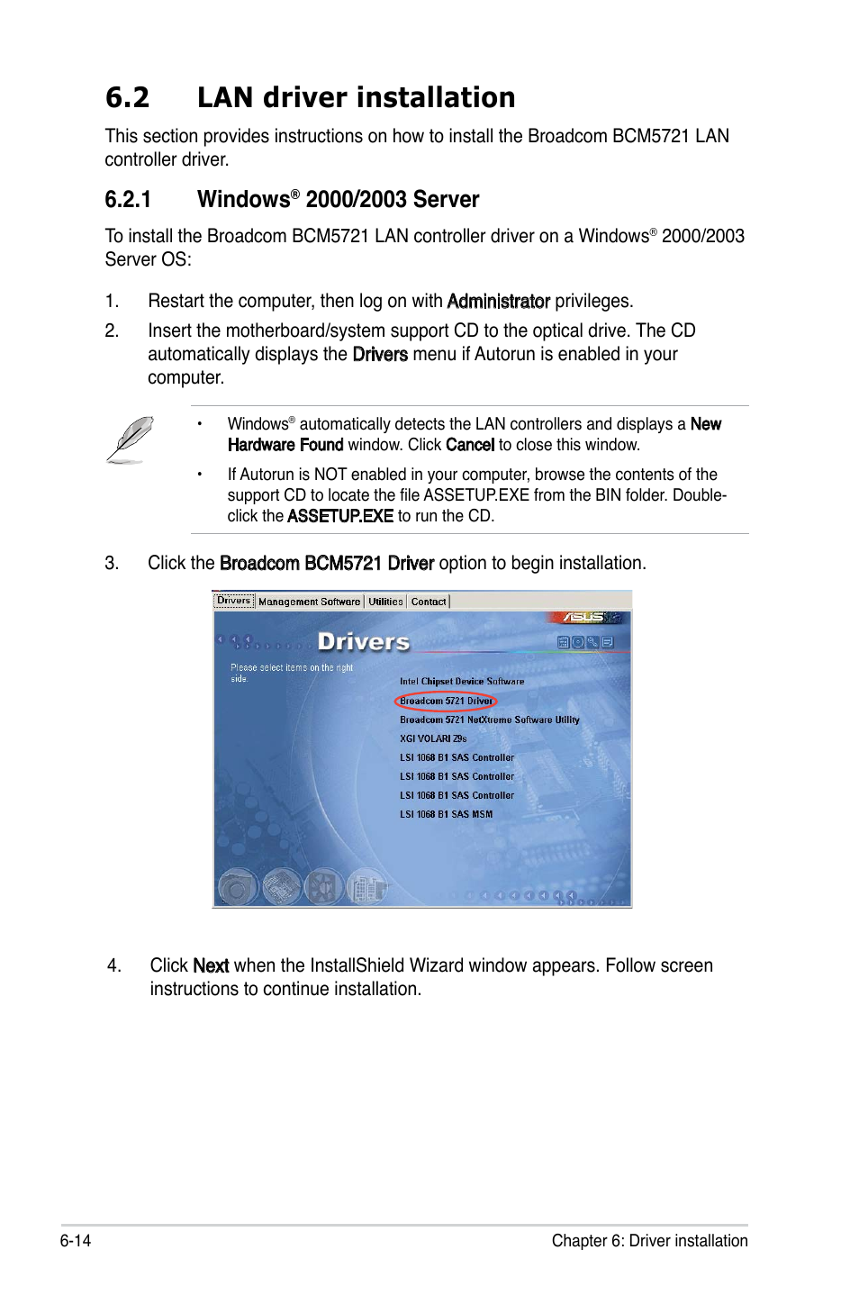 2 lan driver installation, 1 windows | Asus P5BV/SAS User Manual | Page 174 / 184